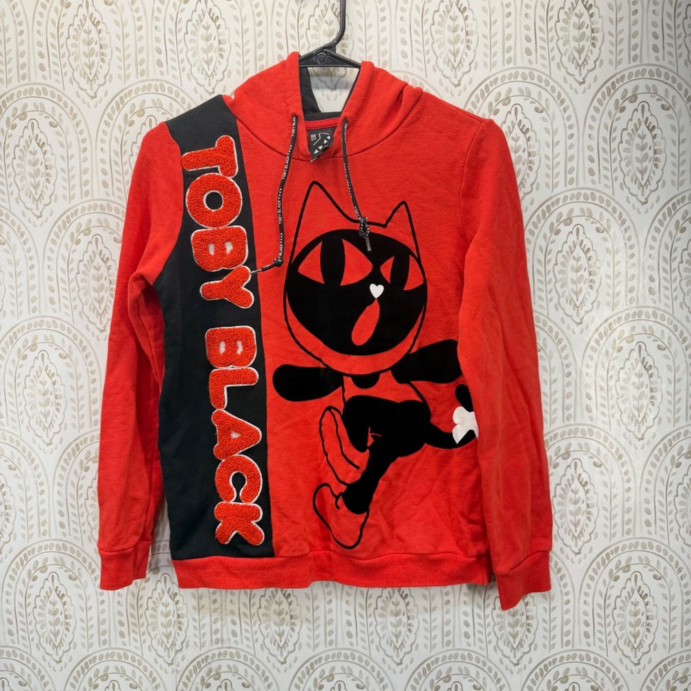 Toby Black Hoodie Womens Small Red Black Cat Graphic Chenille Sweatshirt
